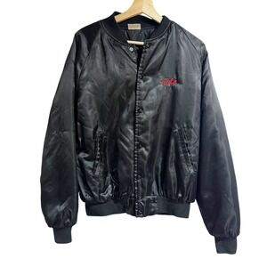 Satins Men Large Black Satin Bomber Jacket Custom Red Embroidery Music Band